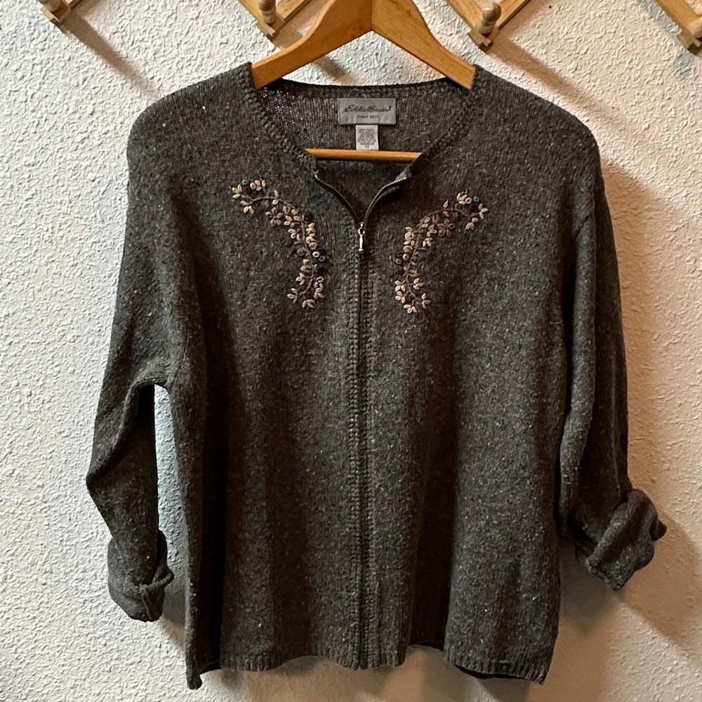Eddie Bauer Wool blend Hand knit & embroidered full zip sweater Woman’s XL - Picture 2 of 12